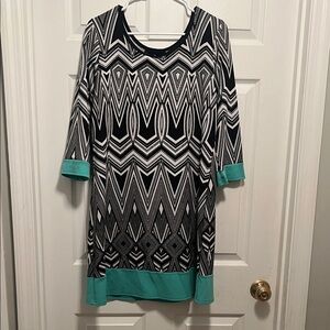 Geometric Black and White Dress with Teal Accents